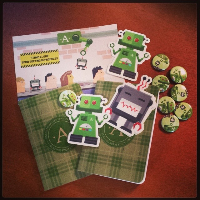 Photo credit: @pollyplummer on Instagram says "Awww, @akismet swag is unbearably cute."